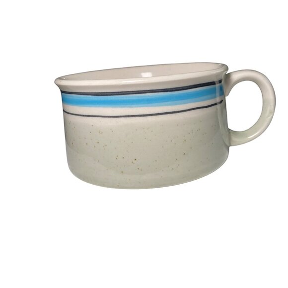 Other - Vintage Speckled Stoneware Soup Mug With Blue Stripe